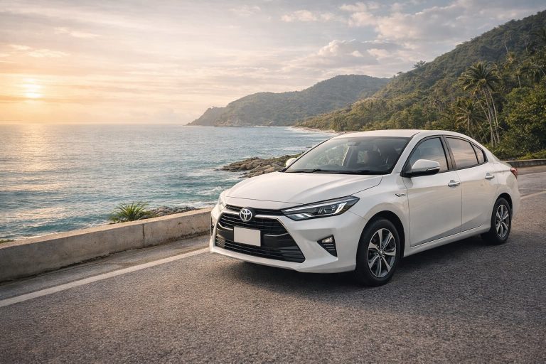 Toyota Yaris Ativ 1.5 HEV sedan car rental in Phuket by Island Drive Phuket near Phuket Airport