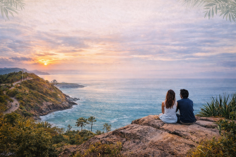 Couple enjoying sunset viewpoint overlooking the Andaman Sea in Phuket
