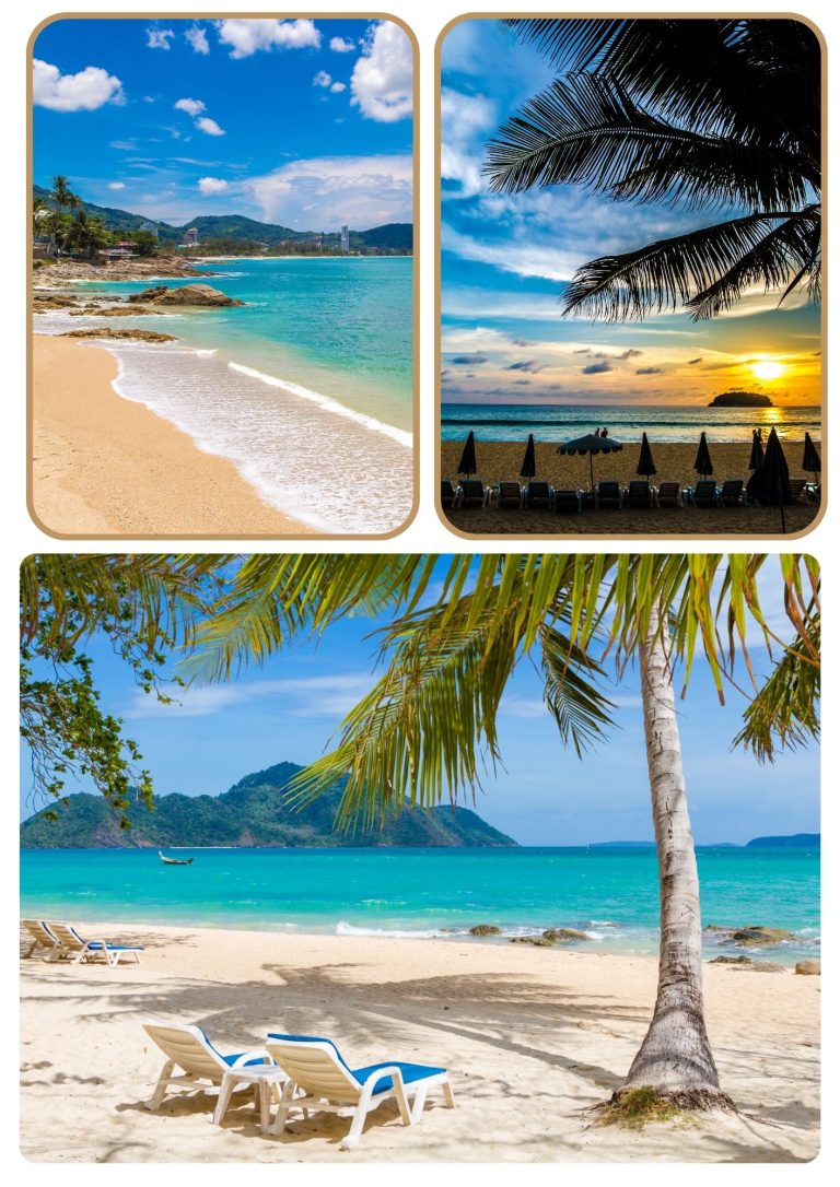 Beautiful white sand beach in Phuket Thailand with clear blue water and palm trees