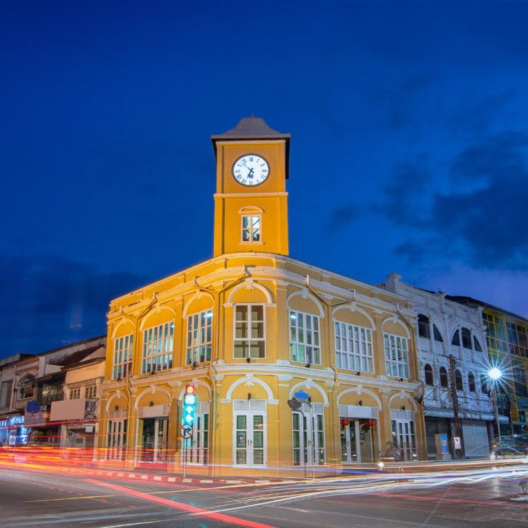 Sino Portuguese architecture in Phuket Old Town at night Thailand