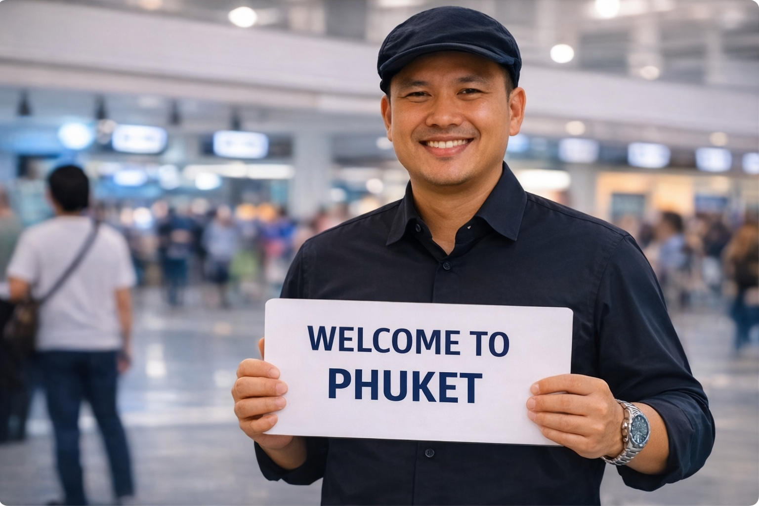 Friendly airport representative holding welcome to Phuket sign at Phuket International Airport